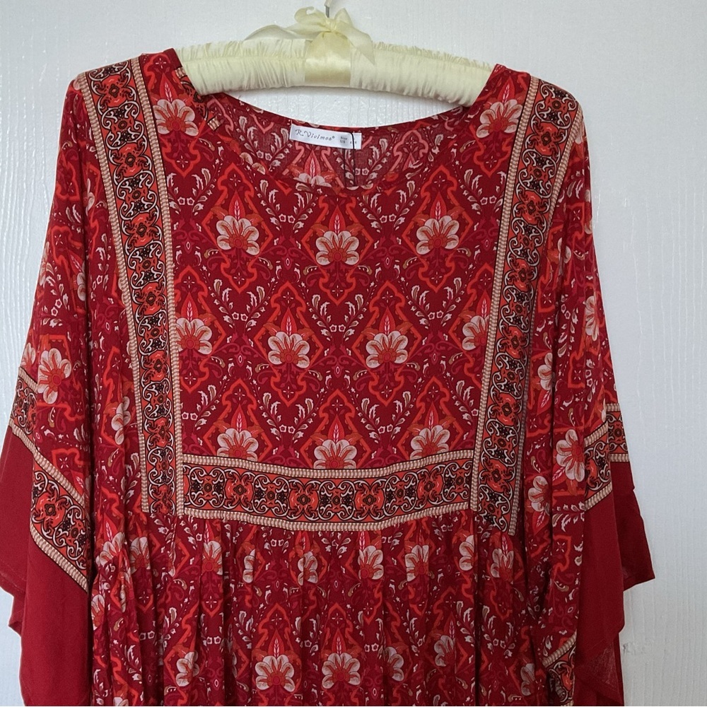 R Vivimos Baby Doll Flowy Boho Tunic Top Dress Women's Red Floral Tassel NWT S